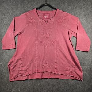 CAITE Embroidered Tunic Top 1X Dusty Pinkish Red 100% Cotton Split Hem